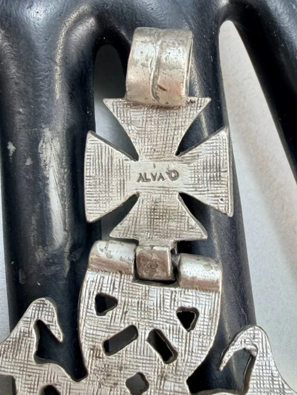 Vintage Alva Ethiopian Coptic Cross Pendant Silver Tone Signed Large